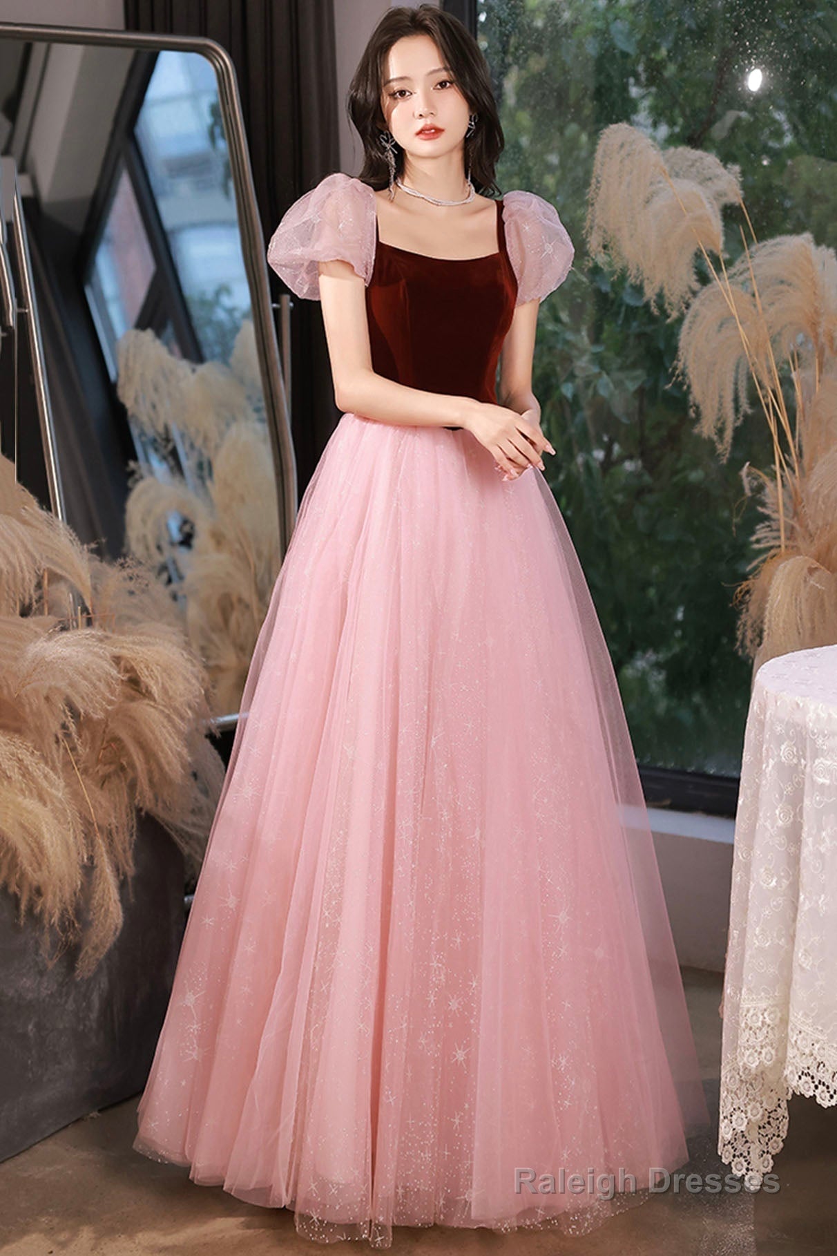 Pink Tulle And Velvet Short Sleeves Prom Dresses Pink Floor Length Prom Dresses Main image