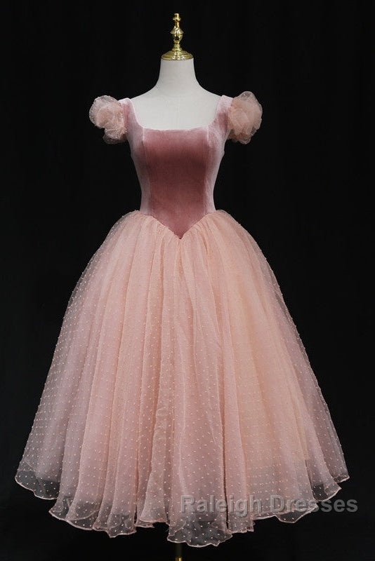 Pink Tulle And Velvet Short Sleeves Party Dress, Pink Tea Length Formal Dress Secondary image