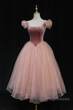 Pink Tulle And Velvet Short Sleeves Party Dress, Pink Tea Length Formal Dress