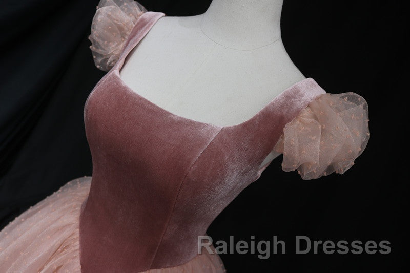 Pink Tulle And Velvet Short Sleeves Party Dress, Pink Tea Length Formal Dress