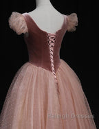 Pink Tulle And Velvet Short Sleeves Prom Dresses Pink Tea Length Prom Dresses