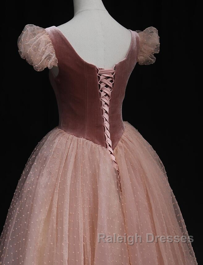 Pink Tulle And Velvet Short Sleeves Prom Dresses Pink Tea Length Prom Dresses