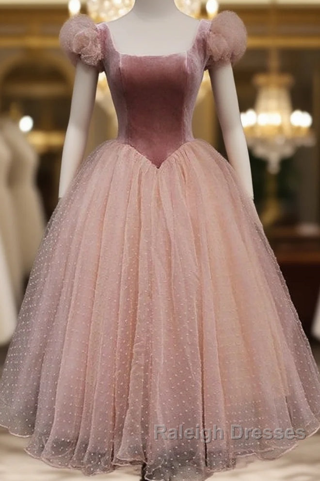 Pink Tulle And Velvet Short Sleeves Prom Dresses Pink Tea Length Prom Dresses
