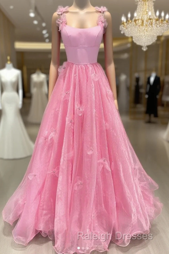 Pink Tulle Applique Long Prom Dress Pink Formal Dress Main image
