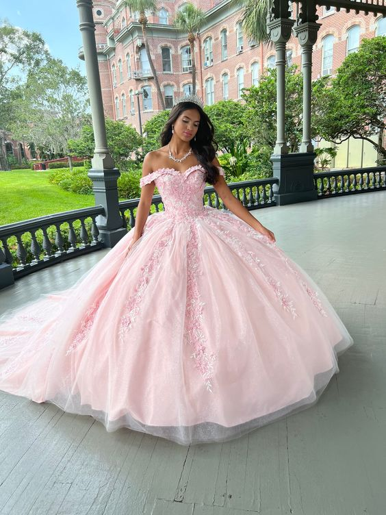 Pink Tulle Applique Prom Dresses Long Quinceanera Dresses Ball Gowns