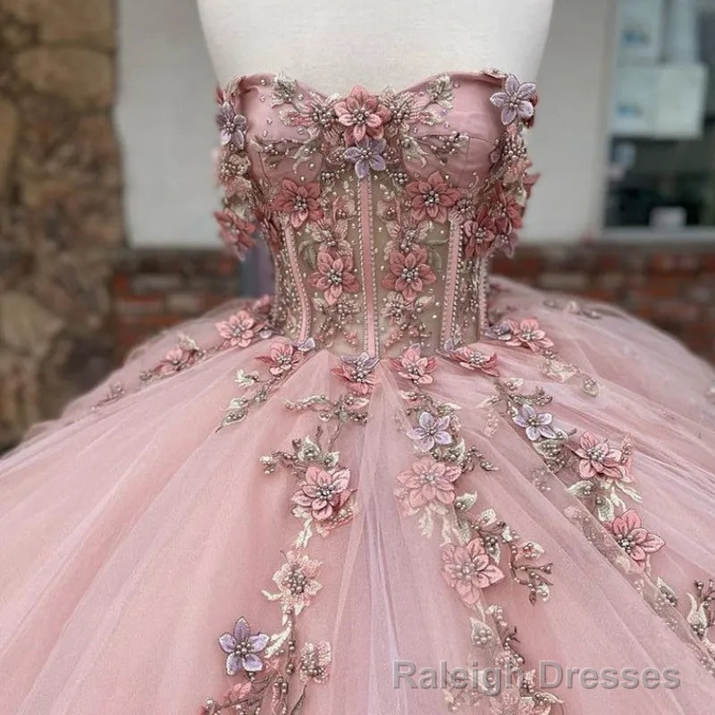 Pink Tulle Appliques Ball Gown Quinceanera Dresses