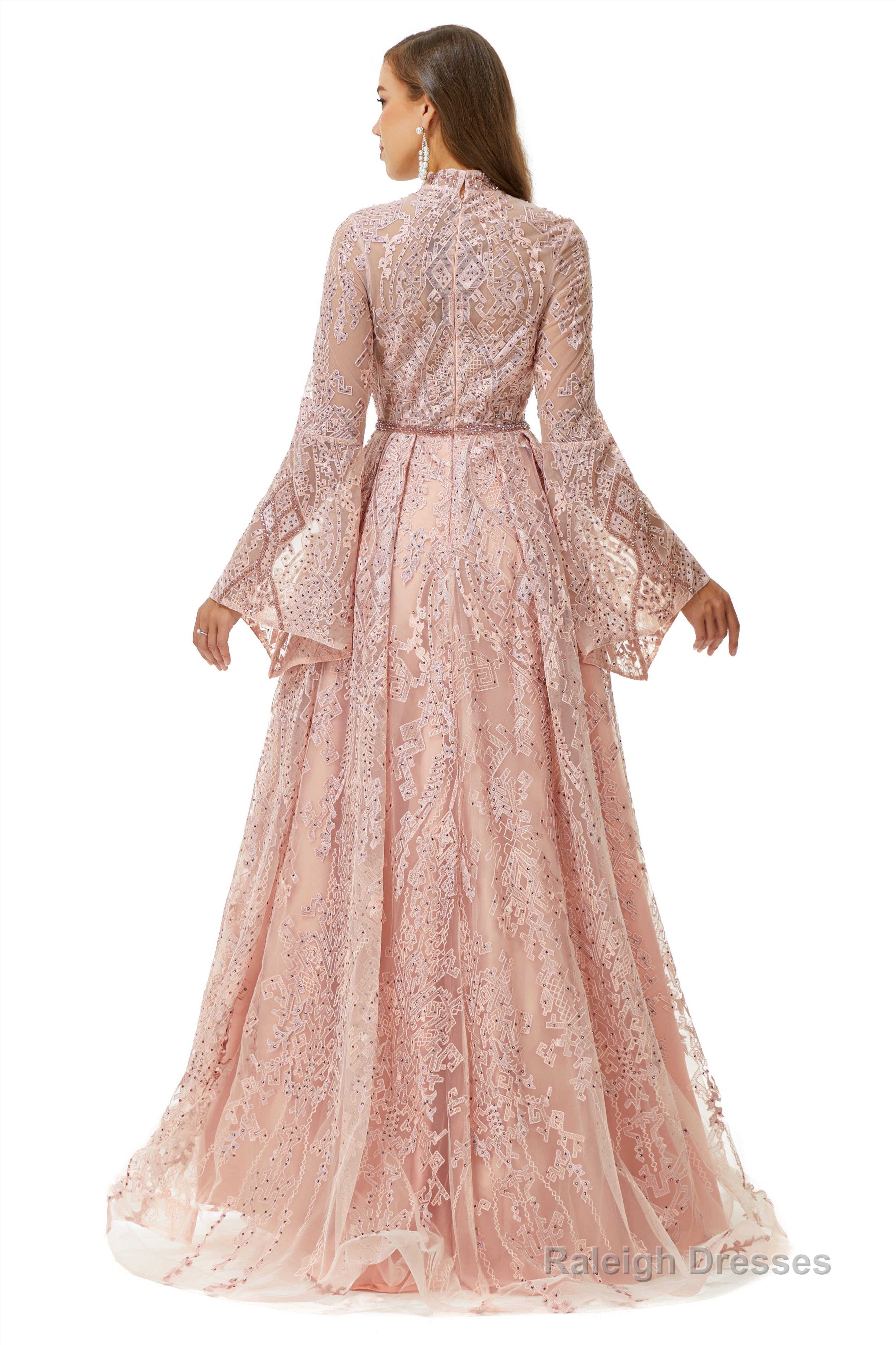 Pink Tulle Appliques High Neck Long Sleeve Beading Prom Dresses