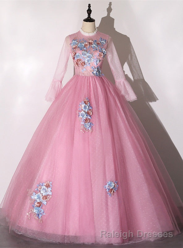 Pink Tulle Appliques Long Sleeve Quinceanera Dress Main image