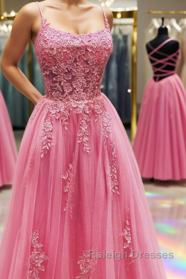 Pink Tulle Backless Lace Floral Long Prom Dresses Pink Lace Prom Dresses Pink Prom Dresses