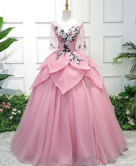 Pink Tulle Ball Gown Lace Sweet 16 Dress, Pink Quinceanera Gown With Flowers Secondary image