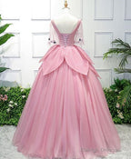 Pink Tulle Ball Gown Lace Sweet 16 Dress, Pink Quinceanera Gown With Flowers