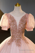 Pink Tulle Beaded Long Ball Gowns, A Line Prom Dress, Pink Sweet 16 Dress