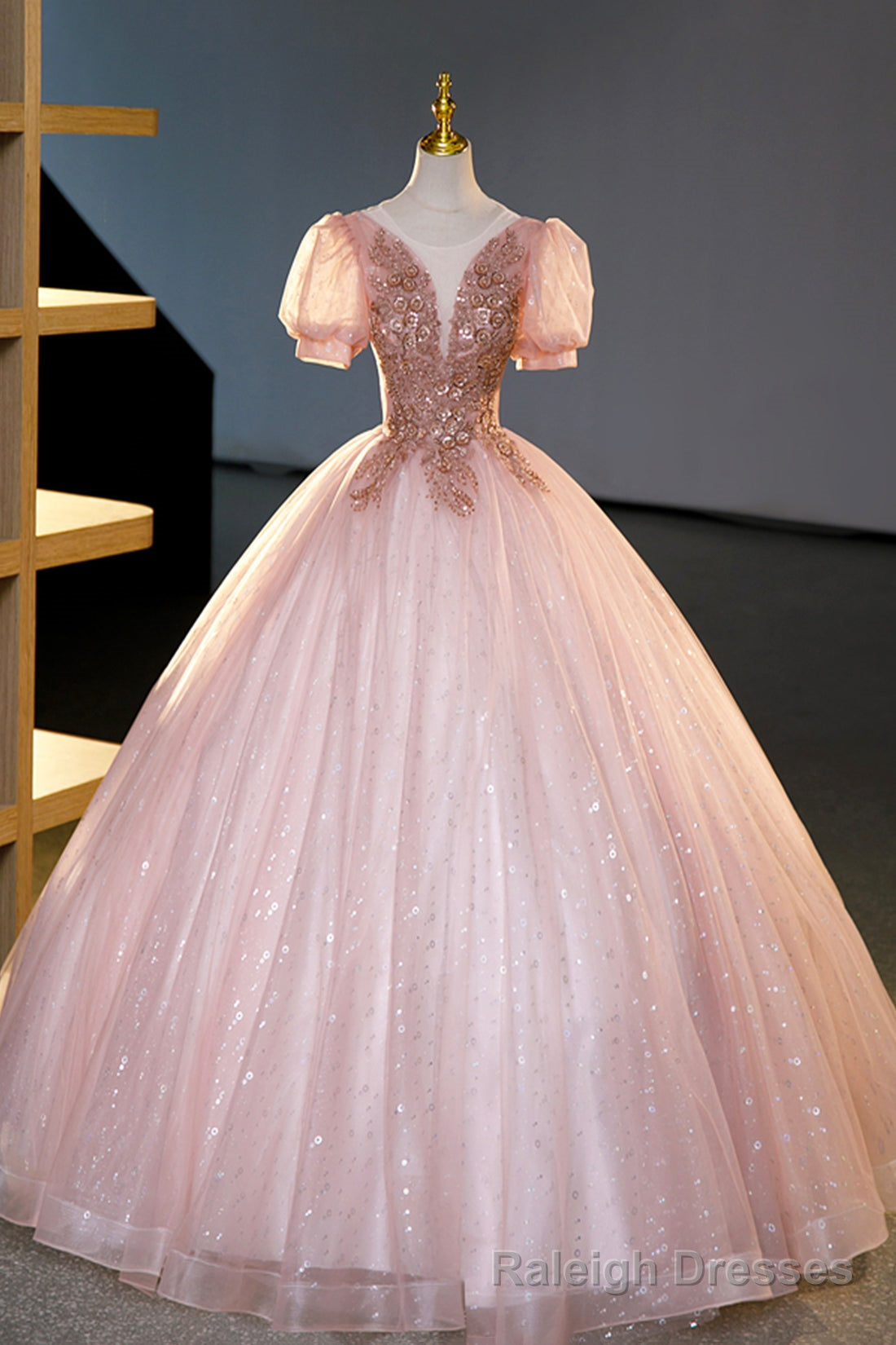 Pink Tulle Beaded Long Ball Gowns, A Line Prom Dress, Pink Sweet 16 Dress Main image
