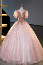 Pink Tulle Beaded Long Ball Gowns, A Line Prom Dress, Pink Sweet 16 Dress