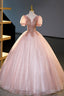 Pink Tulle Beaded Long Ball Gowns, A Line Prom Dress, Pink Sweet 16 Dress
