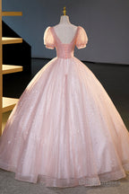 Pink Tulle Beaded Long Ball Gown, Beautiful A-Line Prom Dress, Pink Sweet 16 Dress