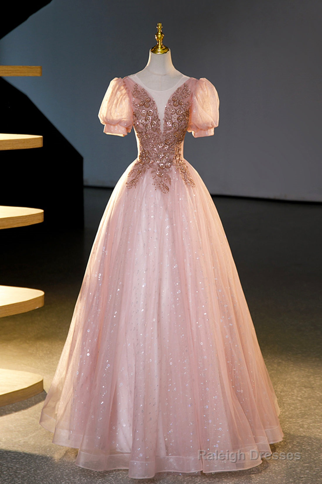 Pink Tulle Beaded Long Ball Gown, Beautiful A-Line Prom Dress, Pink Sweet 16 Dress