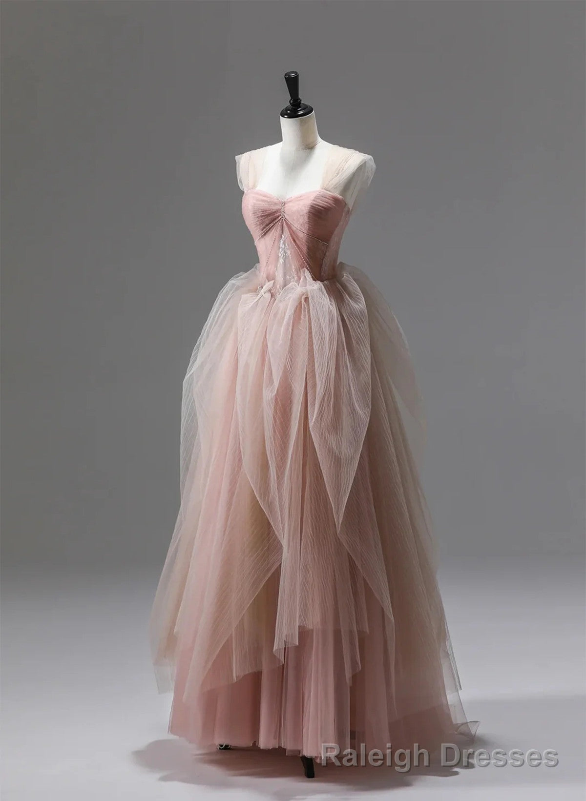 Pink Tulle Beaded Long Party Dress Prom Dress, Pink Floor Length Formal Dress Main image