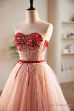 Pink Tulle Beaded Long Prom Dress, A-Line Off Shoulder Evening Party Dress