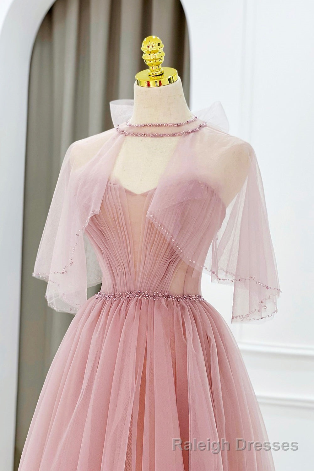 Pink Tulle Beaded Long Prom Dress, Lovely Pink Evening Dress