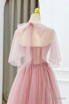 Pink Tulle Beaded Long Prom Dress, Lovely Pink Prom Dress