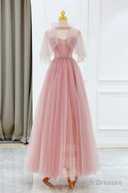 Pink Tulle Beaded Long Prom Dress, Lovely Pink Prom Dress