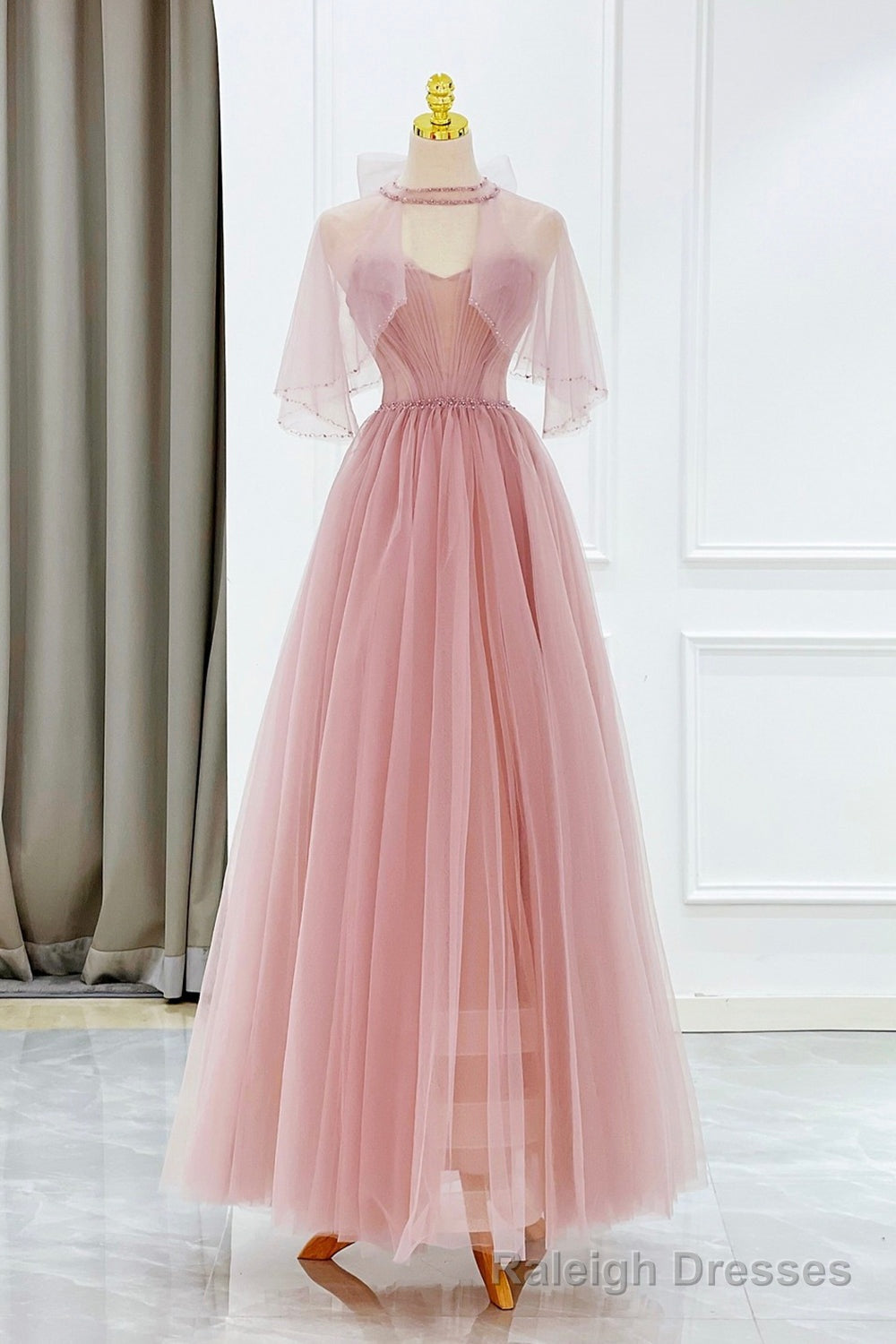 Pink Tulle Beaded Long Prom Dress, Lovely Pink Prom Dress