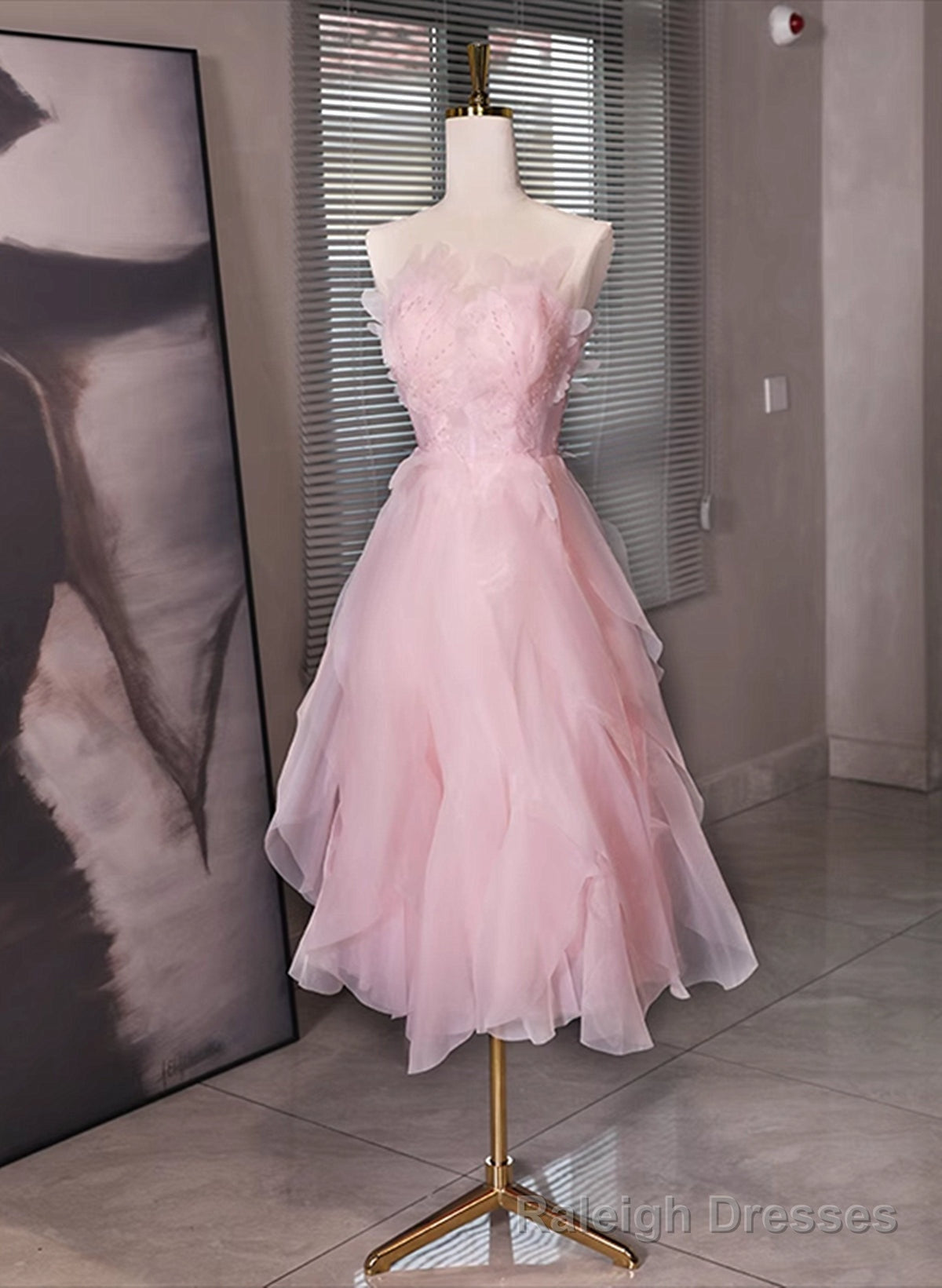 Pink Tulle Beaded Low Back Short Prom Dress, Pink Tulle Homecoming Dress