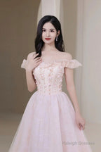 Pink Tulle Beaded Short Prom Dresses Pink Off Shoulder Prom Dresses