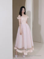 Pink Tulle Beaded Short Prom Dress, Pink Off Shoulder Evening Party Dress