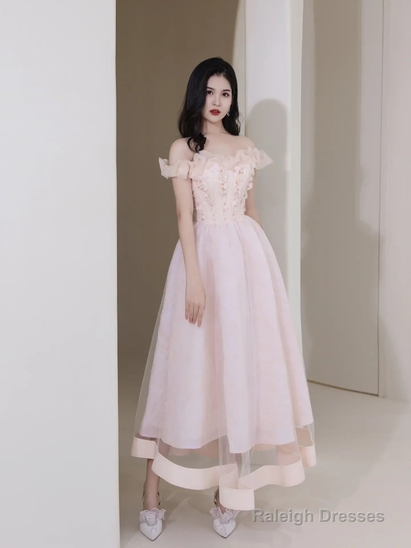 Pink Tulle Beaded Short Prom Dress, Pink Off Shoulder Evening Party Dress