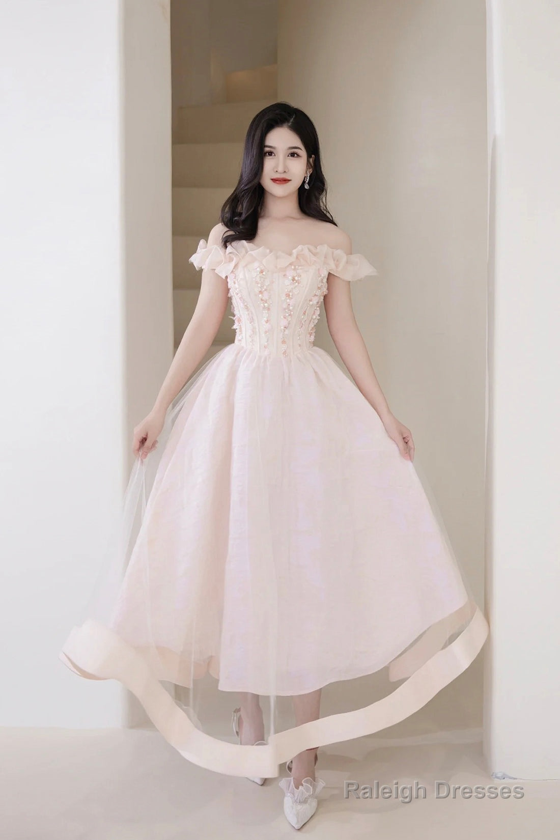 Pink Tulle Beaded Short Prom Dress, Pink Off Shoulder Evening Party Dress Main image