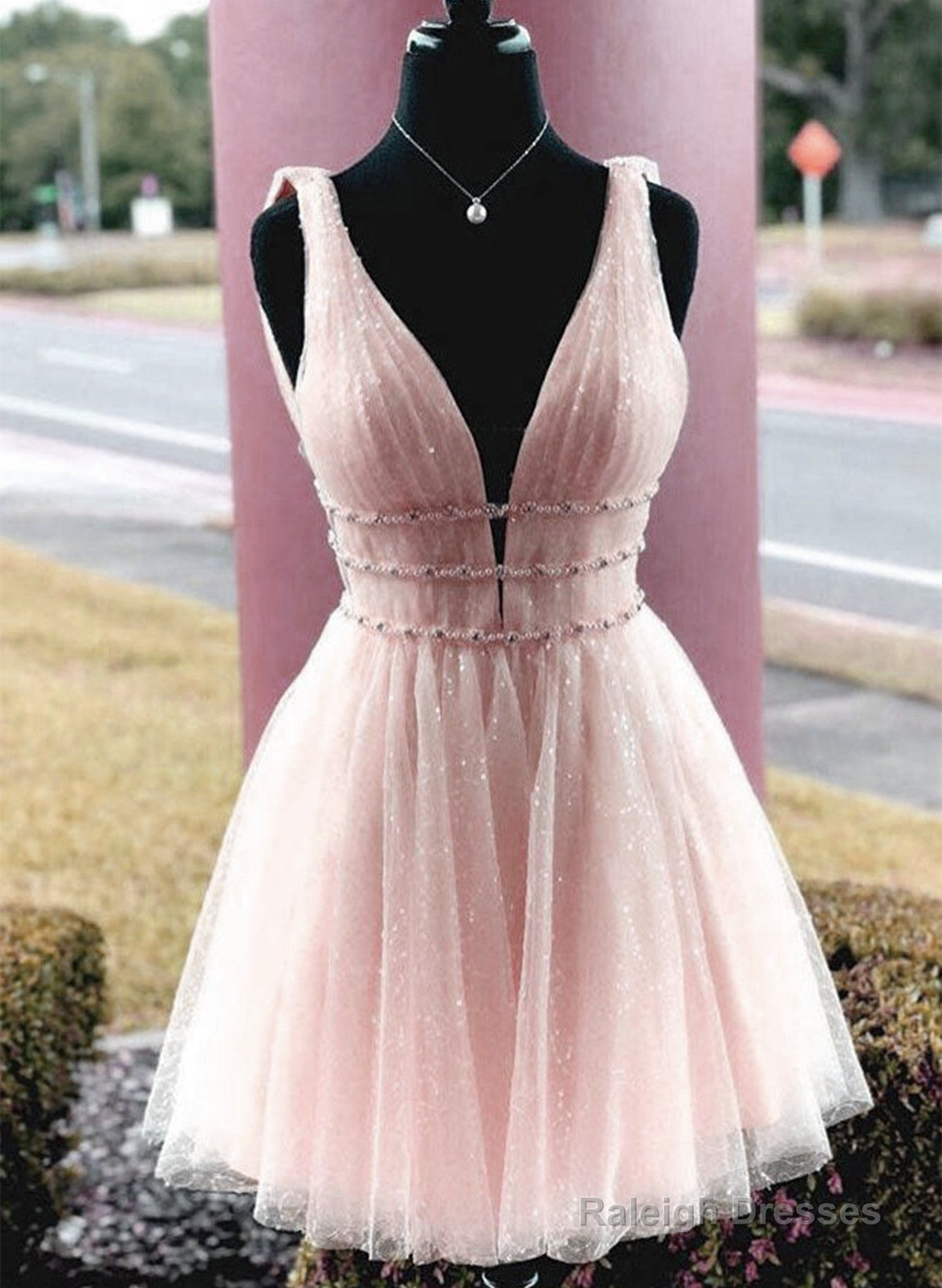 Pink Tulle Beaded Short Prom Dress, Pink Tulle Homecoming Dress Party Dress Main image