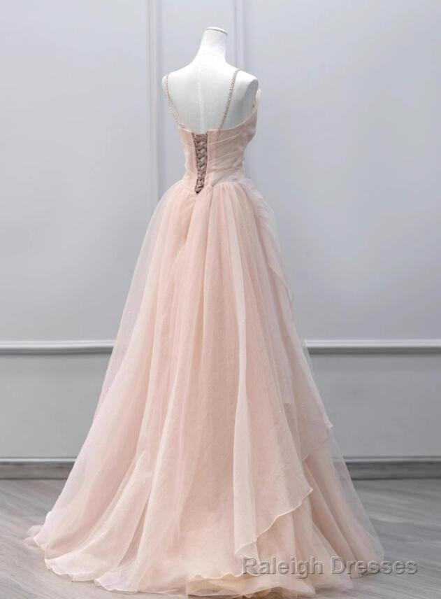 Pink Tulle Beaded Straps Long Prom Dress, A Line Pink Tulle Prom Dress Secondary image