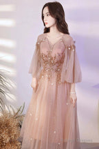 Pink Tulle Beaded Tea Length Wedding Party Dress, Pink Tulle Short Homecoming Dress