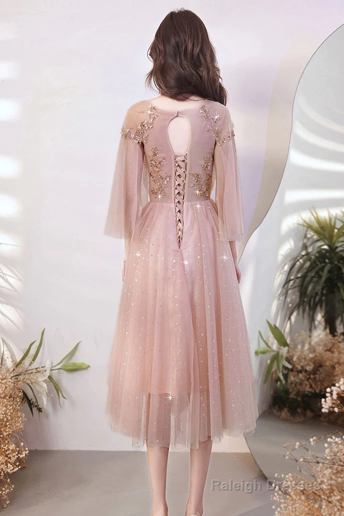 Pink Tulle Beaded Tea Length Wedding Party Dress, Pink Tulle Short Homecoming Dress