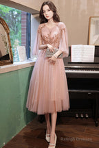 Pink Tulle Beaded Tea Length Wedding Party Dress, Pink Tulle Short Homecoming Dress