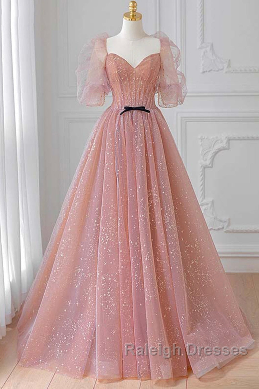 Pink Tulle Beautiful Puffy Sleeves Long Prom Dress, Pink A-Line Evening Dresses Secondary image