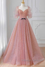 Pink Tulle Beautiful Puffy Sleeves Long Prom Dress, Pink A-Line Evening Dresses