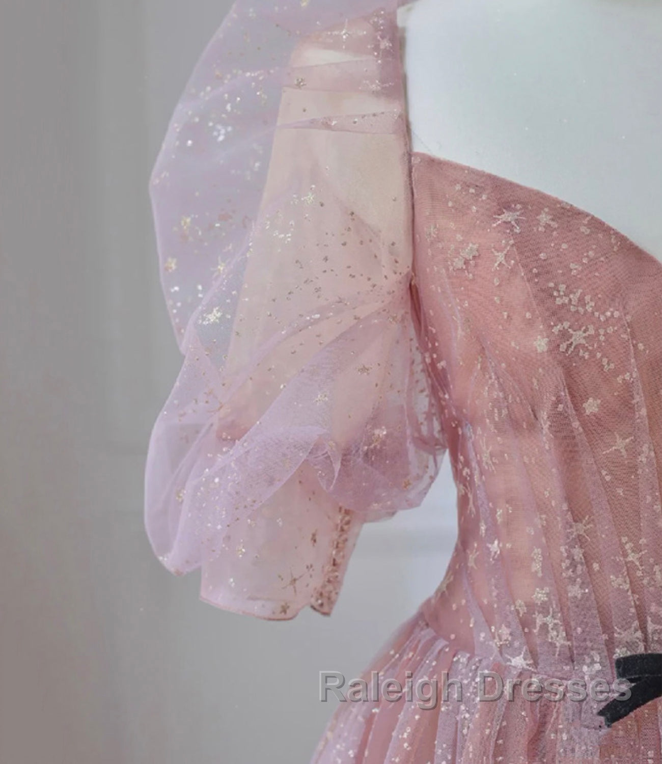 Pink Tulle Beautiful Puffy Sleeves Long Prom Dress, Pink A-Line Evening Dresses