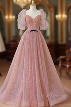 Pink Tulle Beautiful Puffy Sleeves Long Prom Dress, Pink A-Line Evening Dresses