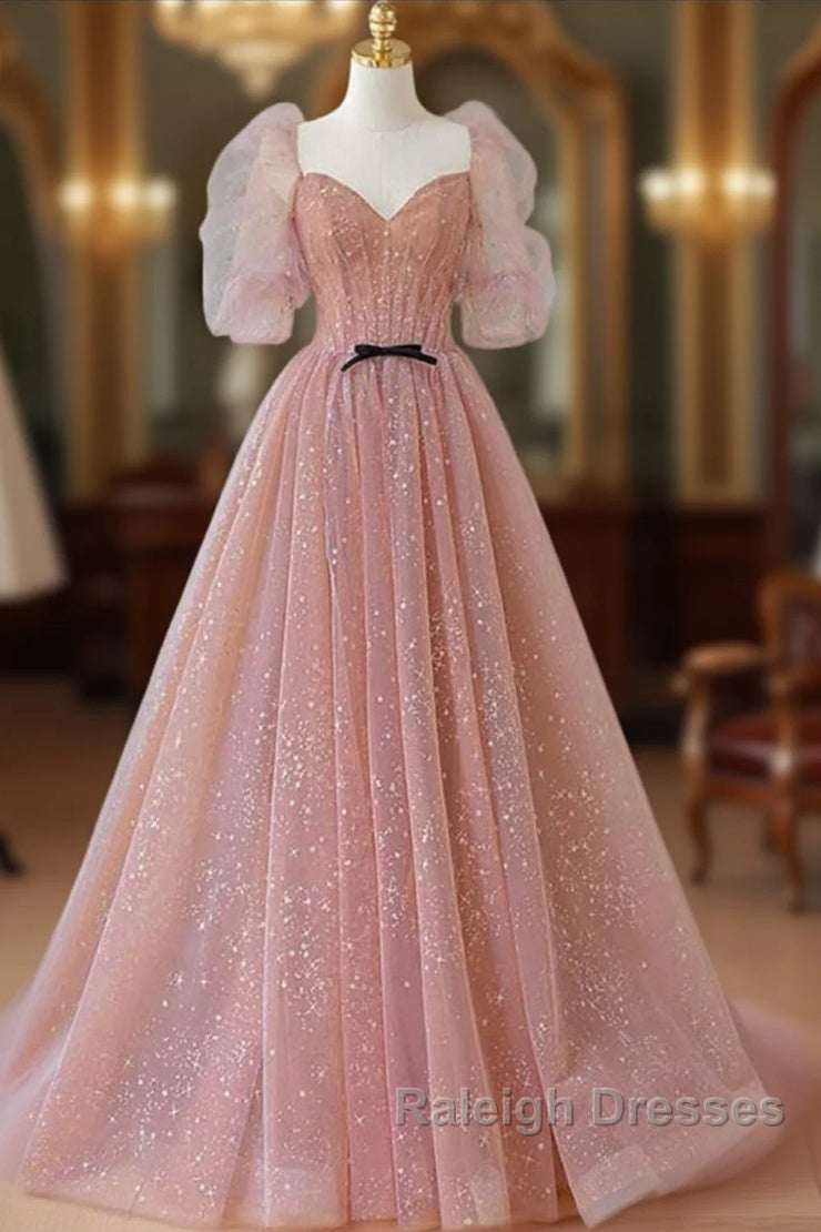 Pink Tulle Beautiful Puffy Sleeves Long Prom Dress, Pink A-Line Evening Dresses