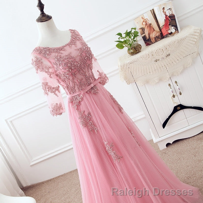 Pink Tulle Elegant Prom Dress with Lace, Pink A Line Formal Dress Bridesmaid Dress