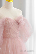 Pink Tulle Floor Length Prom Dress, Cute A-Line Evening Party Dress