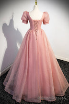 Pink Tulle Floor Length Prom Dress, Cute Short Sleeve Prom Dress