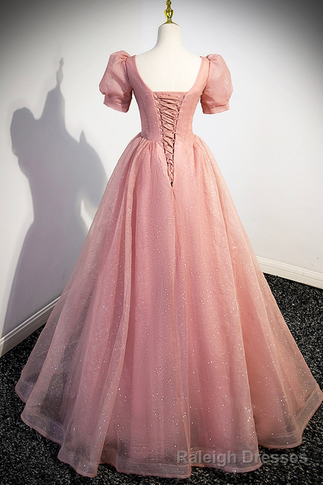 Pink Tulle Floor Length Prom Dress, Cute Short Sleeve Prom Dress