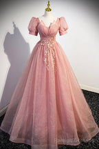 Pink Tulle Floor Length Prom Dress, Cute Short Sleeve Prom Dress