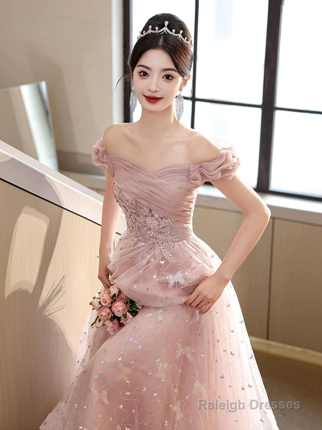 Pink Tulle Floor Length Prom Dress With Butterfly Sequins, Beautiful Off The Shoulder Evening Dress Secondary image