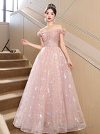 Pink Tulle Floor Length Prom Dress With Butterfly Sequins, Beautiful Off The Shoulder Evening Dress