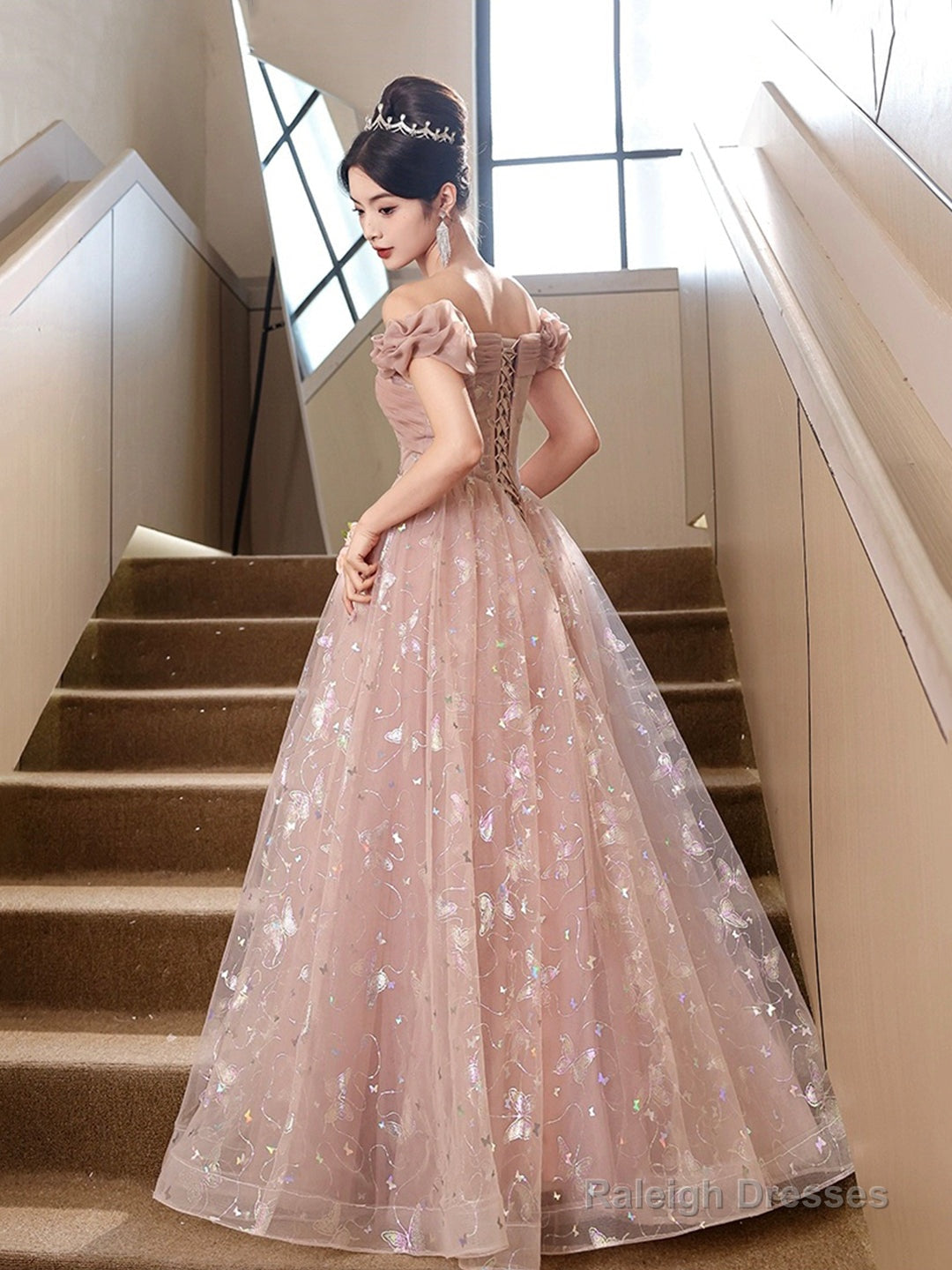 Pink Tulle Floor Length Prom Dress With Butterfly Sequins, Beautiful Off The Shoulder Evening Dress